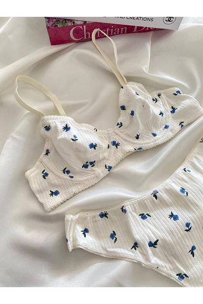 Fleur de Lingerie Miniş Blue Flower Patterned Underwire Cotton Combed Bra Set (Bra Kilot)