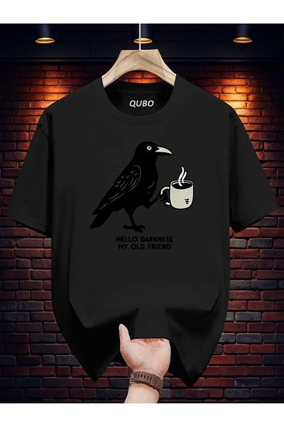 qubo sportswear & company Tricou negru cu mânecă scurtă, unisex, din bumbac, cu imprimeu supradimensionat