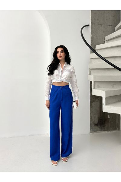 POP STORY High Waist Draped Linen Textured Women's Trousers