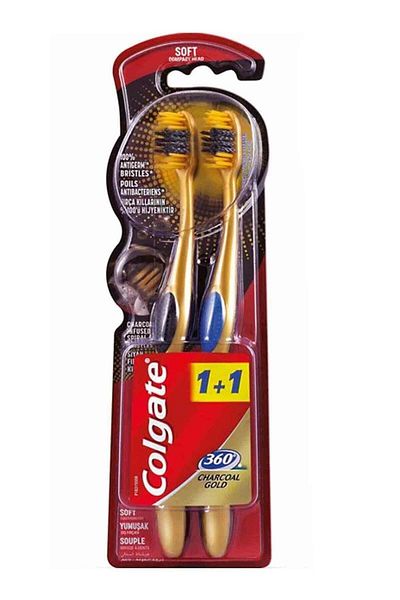 Colgate Toothbrush 360 with Golden Charcoal Soft, 2 Pieces, Multi-Colored