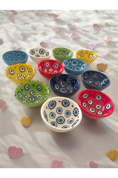Artistic Quality Decorative Evil Eye Bead Embroidered Tile Ceramic Sauce Bowl - Snack Bowl - Breakfast Bowl 12 Pieces