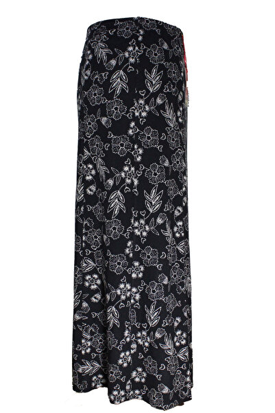 HESNA Women's Battal Size 8 Piece Quality Elastic Floral Patterned Black Skirt