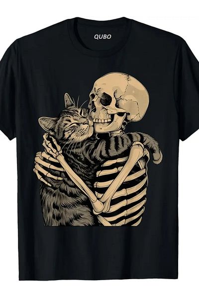 qubo sportswear & company Tricou negru cu mânecă scurtă, unisex, din bumbac, cu imprimeu supradimensionat
