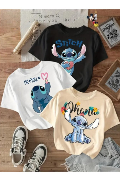 daxia sportswear & company 3 LÜ PAKET KIZ ÇOCUK ERKEK ÇOCUK Stitch Baskılı Tİ...