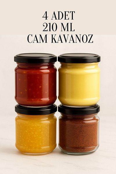 Tanemce 4 Pieces 210 ml Metal Black Canned Food Yogurt Storage 210 Cc Transparent Glass Jar with Lid