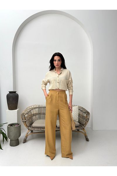 POP STORY High Waist Draped Linen Textured Women's Trousers