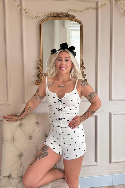 Pijamaevi Nero Cuore Pigiama Patterned Lace Knitted Women's Pajama Set with Suspender Shorts