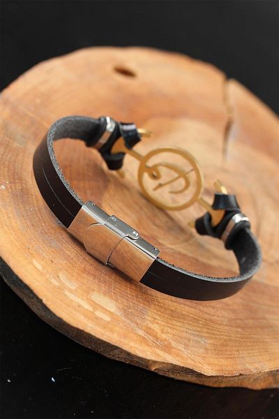 SeyCey.co Gold Color Elif Vav Black Color Leather Men's Bracelet with Metal Accessories