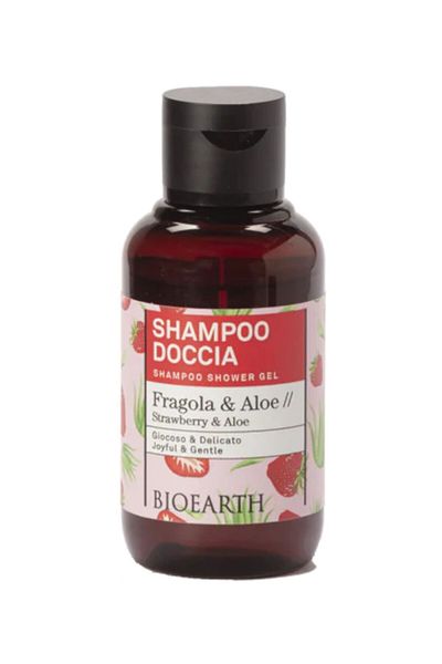 Bioearth Sampon, gel de dus travel size cu capsuni si aloe, 100ml - Family Bioearth