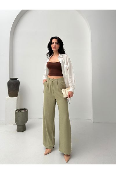POP STORY High Waist Draped Linen Textured Women's Trousers