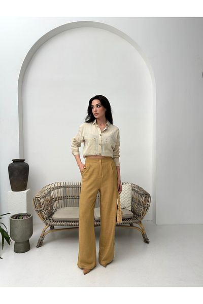 POP STORY High Waist Draped Linen Textured Women's Trousers