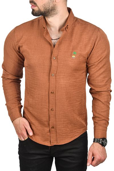 DeepSEA Ανδρικό πουκάμισο καφέ Slim Fit λεπτή εφαρμογή Λινό πουκάμισο Βαμβακερό αθλητικό πουκάμισο 2501305
