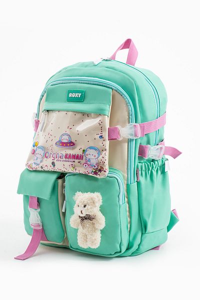 Roxy Kawaii Korean Style Multi-Compartment Girl's School Bag with Sequin Teddy Bear Accessories