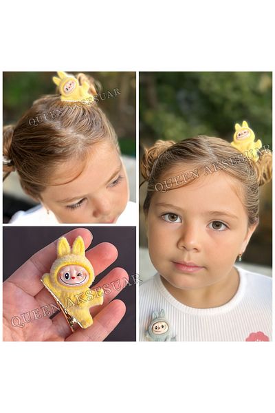 QUEEN AKSESUAR New Trend 3D Furry Labubu Toy Figured Clamp Buckle Yellow