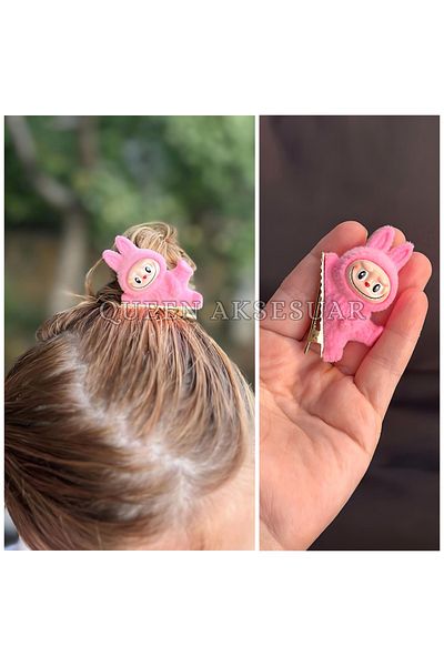 QUEEN AKSESUAR New Trend 3D Furry Labubu Toy Figured Clamp Buckle Dark Candy Fuchsia Pink