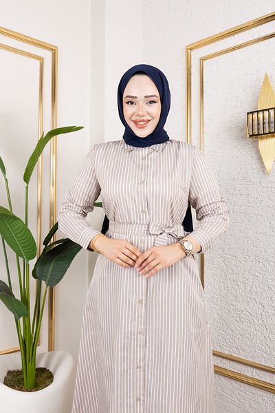 Eliva Women's Mink Beige Satin Long White Striped Hijab Dress with Belt
