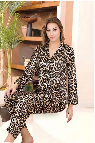 SATTENS Leopard Print Long Sleeve Women's Satin Pajama Set with Stone Print