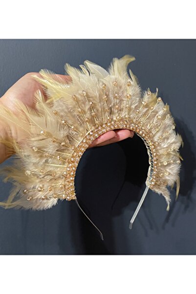 DesaAccessories Kristal Taş İşlemeli Tüylü Kına, Nişan, After Party, Nedime Tacı