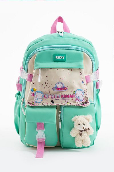 Roxy Kawaii Korean Style Multi-Compartment Girl's School Bag with Sequin Teddy Bear Accessories