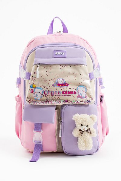 Roxy Kawaii Korean Style Multi-Compartment Girl's School Bag with Sequin Teddy Bear Accessories