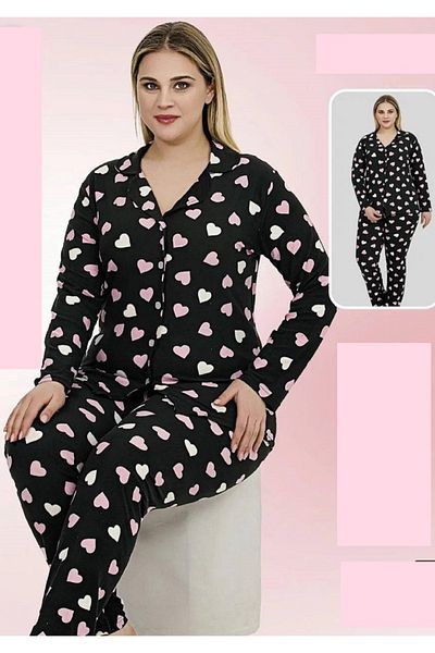 Wonder Girl Wonder Girl Battal Boy Soft Fabric Long Sleeve Buttoned 2 Piece Set Black Color Pink Heart Pattern