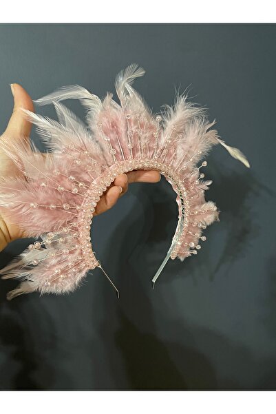 DesaAccessories Kristal Taş İşlemeli Tüylü Kına, Nişan, After Party, Nedime Tacı