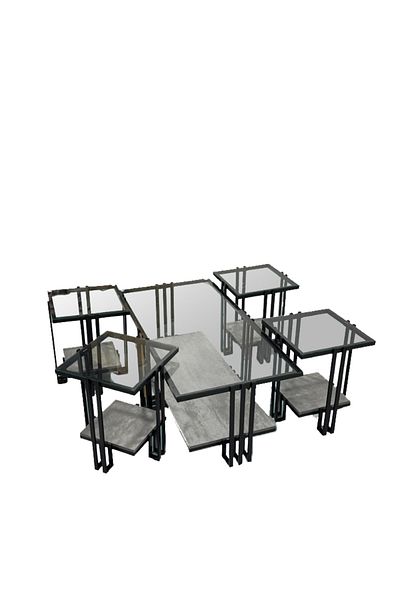 Ch 5-piece glass table set with wood and iron legs