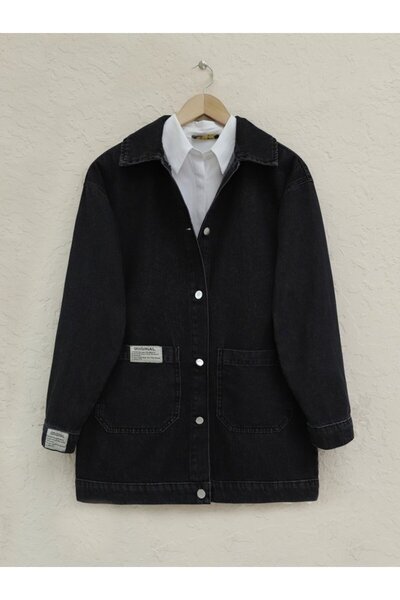 trend_ermege جاكيت جينز بأزرار وجيوب - أسود - مجموعة