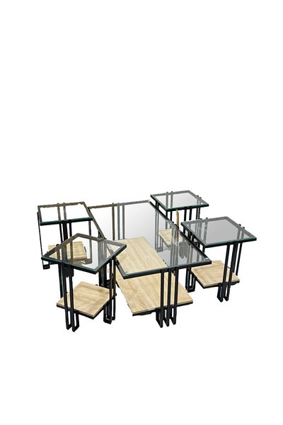 Ch 5-piece glass table set with wood and iron legs