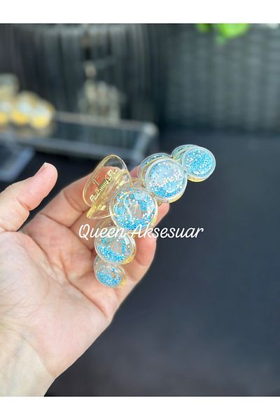 QUEEN AKSESUAR Large Bubble Balloon Ball Moving Sequin Glitter Transparent Acrylic Latch Buckle Blue 10.5cm