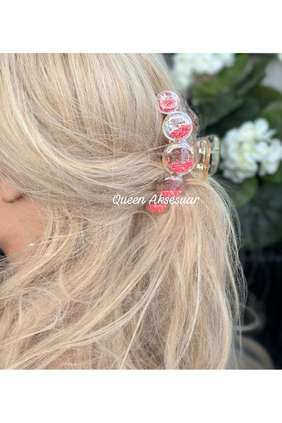 QUEEN AKSESUAR Large Bubble Balloon Ball Moving Sequin Glitter Transparent Acrylic Latch Buckle Red 10.5cm