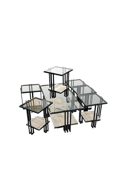 Ch 7-piece glass table set with wood and iron legs