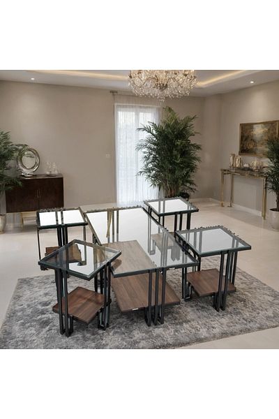 Ch 5-piece glass table set with wood and iron legs