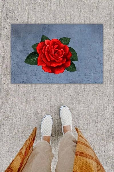 Mu Art Ahşap Bfs Digital Printing Decorative Rose Anthracite Door Mat K-1295