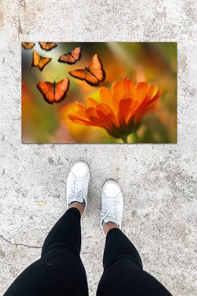 Mu Art Ahşap Bfs Digital Printing Orange Multiple Butterfly Pattern Door Mat K-1053