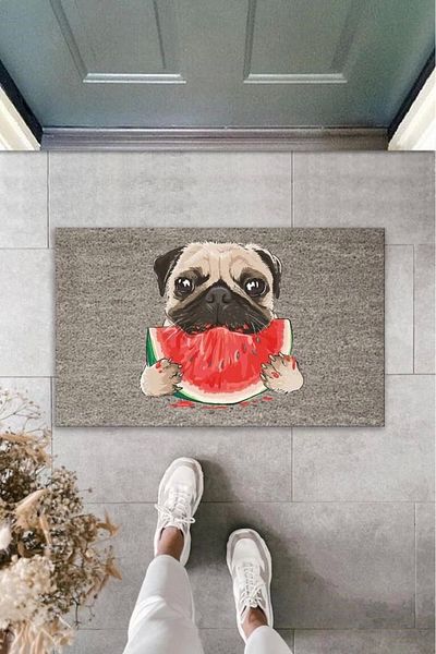 Mu Art Ahşap Bfs Digital Printing Gray Slice of Watermelon Dog Eating Decorative Door Mat K-2033