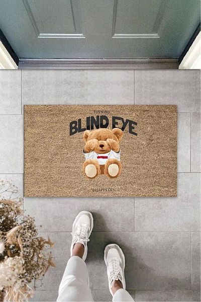 Mu Art Ahşap Bfs Decorative Digital Blind Eye Teddy Bear Beige Door Mat Outdoor Mat K-3189