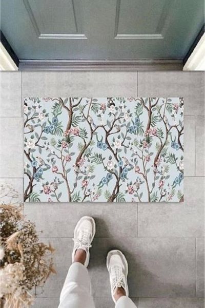 Mu Art Ahşap Bfs Digital Birds on the Branch Blue Door Mat Outdoor Mat K-3052