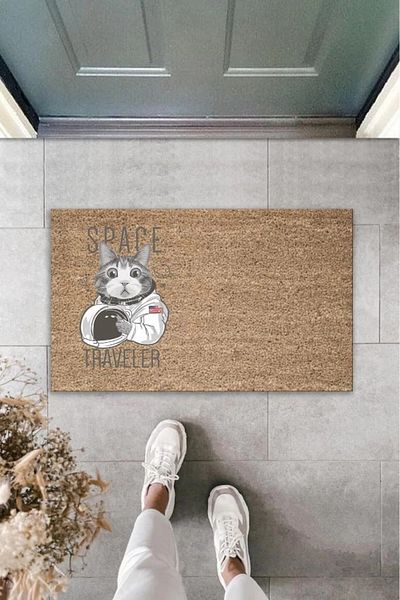 Mu Art Ahşap Bfs Digital Printing Brown Space Traveler Astronaut Cat Decorative Door Mat K-2034