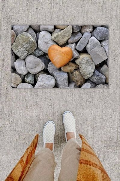 Mu Art Ahşap Bfs Digital Printing Decorative Heart Gray Door Mat K-1250