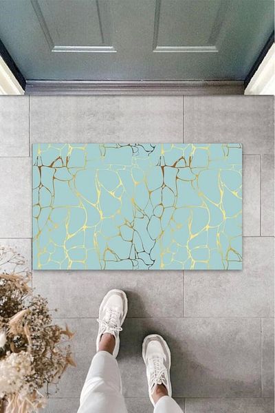 Mu Art Ahşap Bfs Digital Printing Turquoise-Gold Marbled Door Mat K-3079