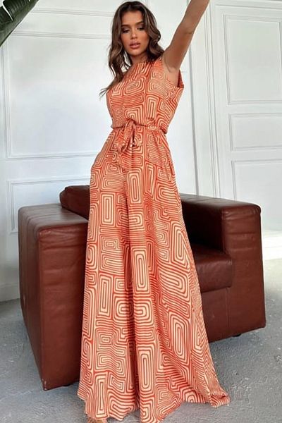 ESSFASIHON Patterned Wide Leg Thick Strap Jumpsuit with Double Side Pockets