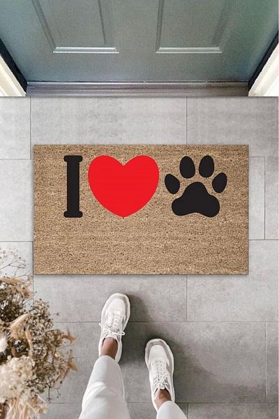Mu Art Ahşap Bfs Digital Printing Brown Red Heart I Love Paw Decorative Door Mat K-2074