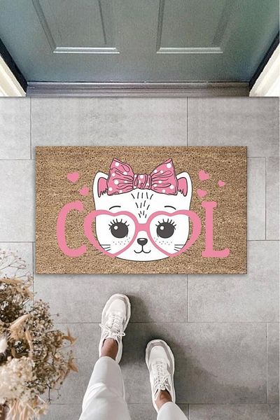Mu Art Ahşap Bfs Digital Printing Brown Cool Pink Glasses Bow Cat Decorative Door Mat K-2039