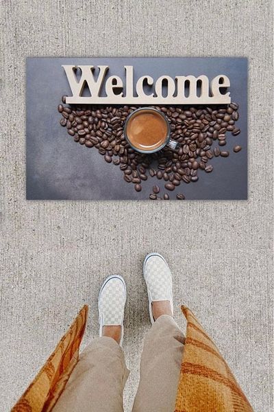 Mu Art Ahşap Bfs Digital Printing Decorative Welcome Dark Gray Door Mat K-1251