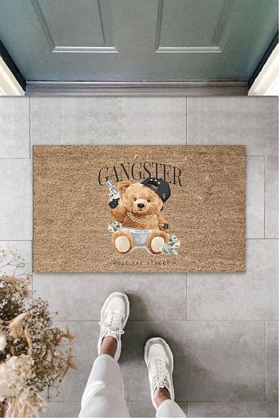 Mu Art Ahşap Bfs Digital  Teddy Bear Beige Door Mat Outdoor Mat K-3193