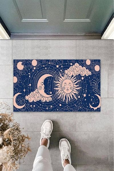 Mu Art Ahşap Bfs Decorative Digital Sun and Moon Navy Blue Door Mat Outdoor Doormat K-3115
