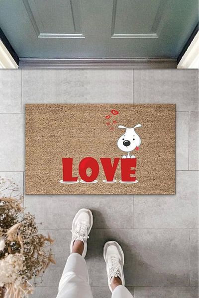 Mu Art Ahşap Bfs Digital Printing Brown Red Love Written White Dog Decorative Door Mat K-2013