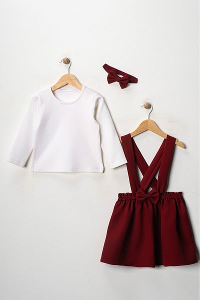 FURYATEX Girl's Baby Burgundy Crepe Dress Bandana Long Sleeve Badi Set