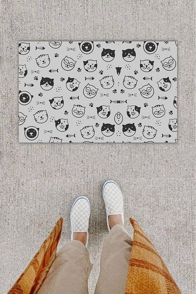Mu Art Ahşap Bfs Digital Printing Decorative Multiple Cat Beige Door Mat K-1208
